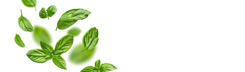 Food levitation concept. Fresh green organic basil leaves flying on white background. Basil leaves isolated. Ingredient, spice for cooking. Creative layout with basil, fragrant spicy plant