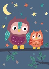 Two cartoon owls in the night