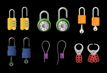 Vector illustrations of open and closed locks and technical clamps on isolated black background