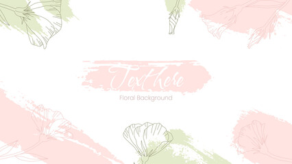 Trendy abstract background with brush shapes and floral element in pastel colors. Modern paint grunge art with flowers for card, poster, blog, wallpaper, wedding invitation. Vector illustration.