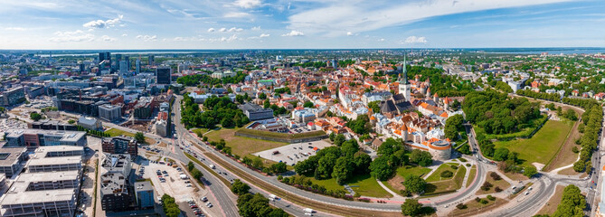 Beautiful panoramic view of Tallinn, the capital of Estonia with an old town in the middle of the city. Aerial Tallinn view.