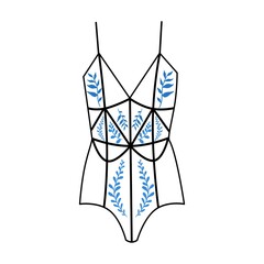 Women's transparent bodysuit with blue plant embroidery. Fashionable handmade underwear.