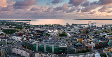 Obraz premium Aerial view of the Tallinn business center in the evening. Beautiful business district in Tallinn, Estonia.