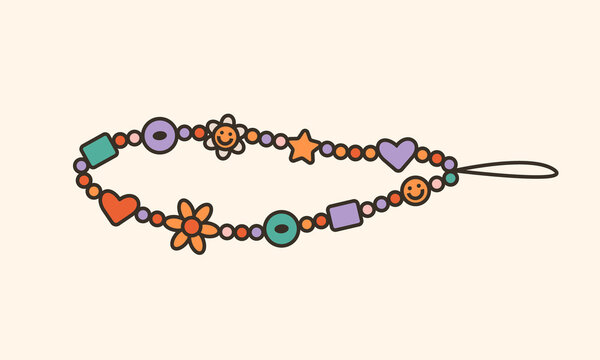 Vector illustration of 90s beads choker with daisy flowers and hearts. Cartoon diy jewellery. Cute colorful key chain. Trendy oldschool icon