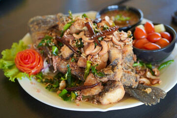Fish with Chili, Crispy Fish and Herbs, Thai Food                               