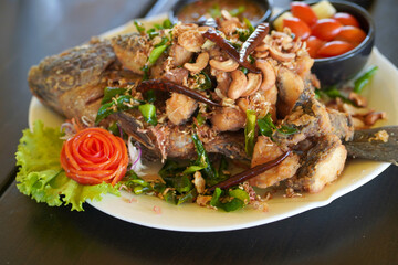 Fish with Chili, Crispy Fish and Herbs, Thai Food                               