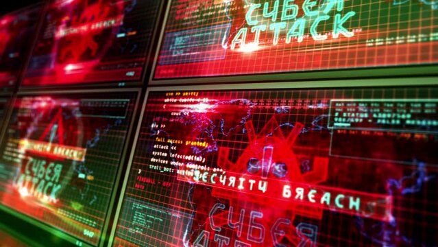 Cyberattack message on moving computer screens loop. Cyber attack, security breach and russian hacker abstract concept 3d loopable and seamless with glitch effect.