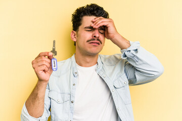 Young caucasian man holding home keys isolated on yellow background being shocked, she has...