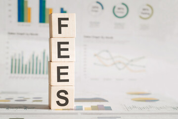 Four wood cubes with the word Fees on the background of white financial statements, strong business...