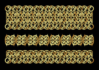 Interlacing abstract ornament in the medieval, romanesque style. Element for design. In gold and black vector illustration. Isolated on white background.