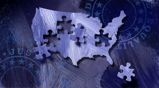 America map with puzzle pieces coming loose graphic abstract background