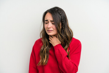 Young caucasian woman isolated on white background suffers pain in throat due a virus or infection.