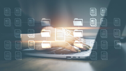 Document Management System(dms) concept. Male hands operating a computer. to manage online that is easy, convenient, fast and enhances the efficiency of digital transformation for the organization