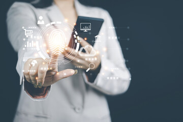 cyber security concept, woman's hand scanning finger to go online to access information both accessing the system document storage Banking including online shopping This method is highly secure.