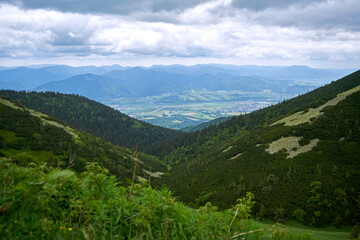 Fototapeta na wymiar Natural landscape in the foothills of the High Tatras in the north of Slovakia in early summer with wide valleys and green meadows.
