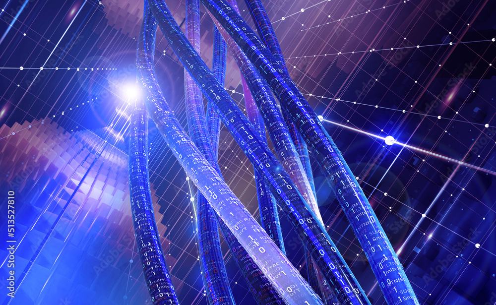 Poster Internet technology. Data channel cable. Cyber network of information flows. High speed internet 3D illustration