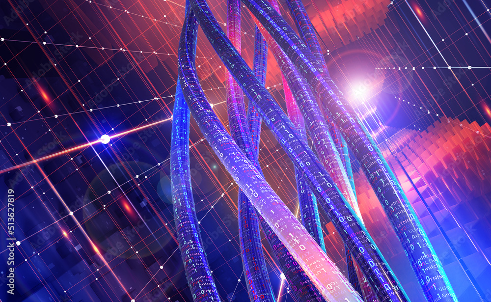 Poster Ultraviolet, neon and speed. Cyber network of information streams. High speed internet 3D illustration