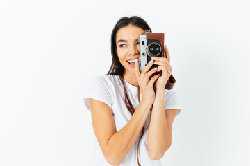 Photographer career. Young woman holding camera
