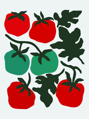 Tomato vector drawing. Isolated tomatoes on branch. Vegetable vintage style illustration. 