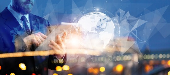 Double exposure of Manager Technical Industrial Engineer working and control with oil and gas refinery industry plant background, Smart factory solution and Internet of things