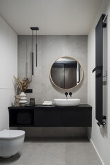 Spacious bathroom with decorative concrete style tiles - 513528810