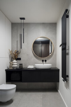 Spacious bathroom with decorative concrete style tiles