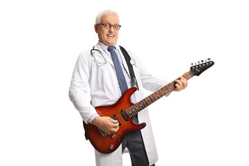 Male doctor playing an electric guitar