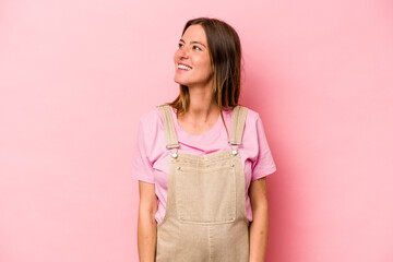 Young caucasian pregnant woman isolated on white background relaxed and happy laughing, neck stretched showing teeth.