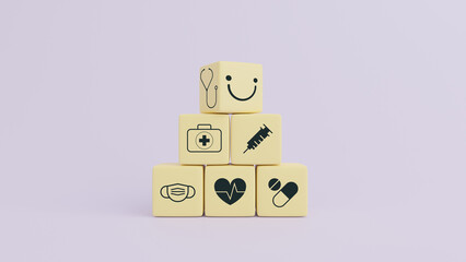 Wood cube stacking with icon healthcare medical on purple background, Health Insurance, Copy space, 3d rendering concept