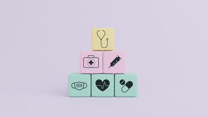 Wood cube stacking with icon healthcare medical on purple background, Health Insurance, Copy space, 3d rendering concept