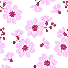 Floral background with rosewood flowers. Blooming tree seamless pattern. Vector cartoon illustration.