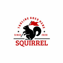 vintage retro logo illustration with silhouette squirrel holding red flag