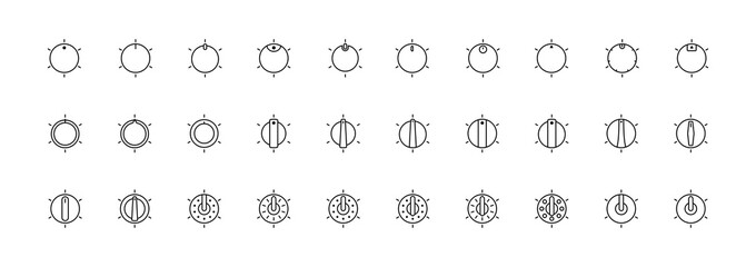 Set of Vector Icons on Theme Adjustment, Mode Selection, Control, Switching, Change. Presented Balance, Power, Minimum, Maximum, Left, Right Power Mode Control Panel