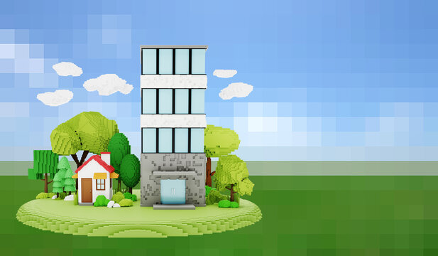 House And Office Building On Pixelated Background. 3d Rendering Image Of Low Poly Voxel 3d Models.