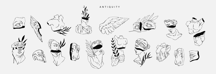 Vector set of logo with antique sculptures. Vector illustration with classical Sculpture for card poster T-Shirt or printing. Contemporary hand drawn mythical collection in line design style. Vector - 513533848