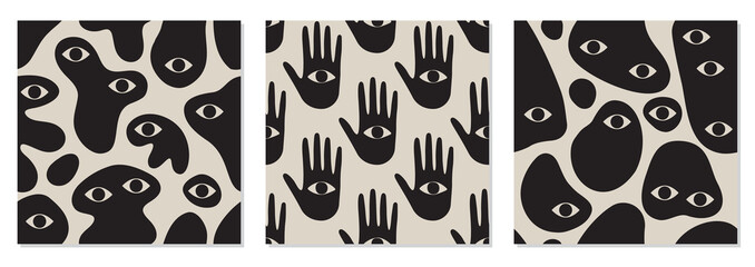 Seamless patterns set with strange surreal creatures with eyes