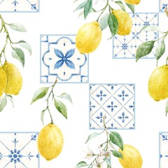 Beautiful seamless pattern in Sicilian style with hand drawn watercolor lemons and blue tiles. Stock illustration.
