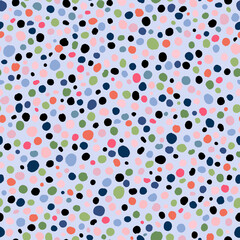 Abstract multicolored confetti seamless repeat pattern. Random placed, irregular vector polka dots all over surface print on blue background.