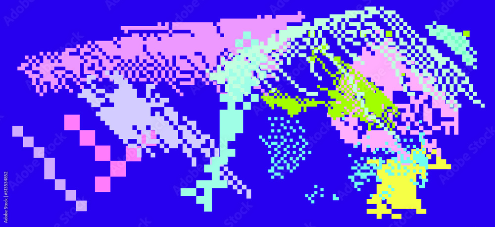 Poster Trendy vaporwave background with pixel art chaotic composition. Concept of a glitchy computer screen.