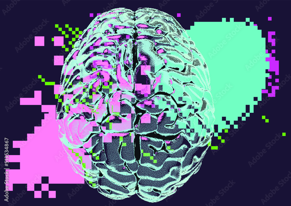 Aufkleber 3D illustration of a brain in pixel art style. Concept of brain research and artificial intelligence.