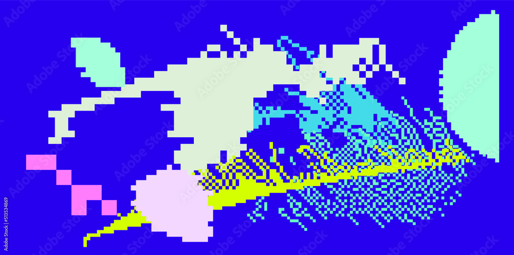 Poster trendy vaporwave background with pixel art chaotic composition. concept of a glitchy computer screen