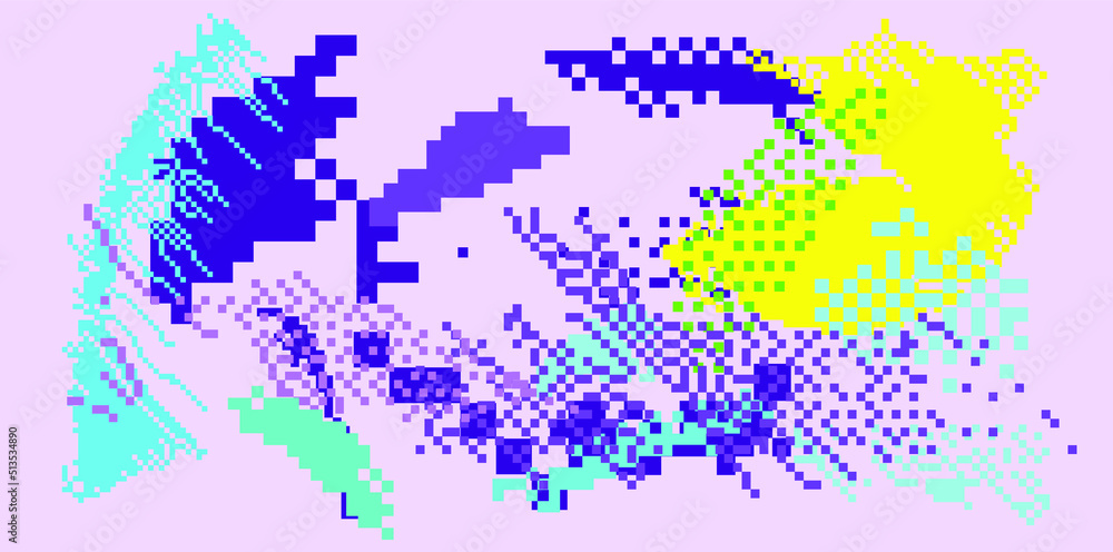 Aufkleber Trendy vaporwave background with pixel art chaotic composition. Concept of a glitchy computer screen.
