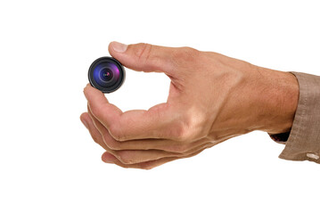 Man holding small video camera isolated on white studio background