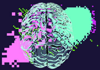 3D illustration of a brain in pixel art style. Concept of brain research and artificial intelligence.