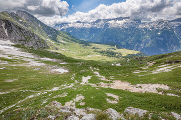 Fototapeta na wymiar Beautiful nature. Mountain hiking Trail Road. Italy Malga Montasio Forca Disteis