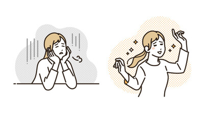 悩む女性と喜ぶ女性のシンプルなベクターイラスト素材