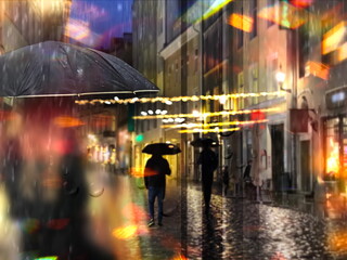 Autumn  rainy season  city night light  street reflection people walk  with umbrellas Tallinn old town medieval  buildings blurred wet pavement red yellow bokeh vew from window urban   lifestyle trave