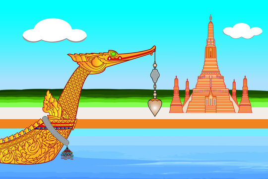 Line art of Bangkok Thailand symbols with Royal barge and Wat Arun Ratchawararam temple along chaophaya river drawing in vector
