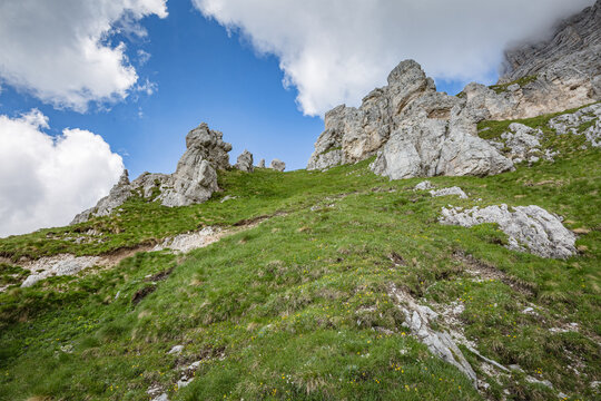 Beautiful nature. Mountain hiking Trail Road. Italy Malga Montasio Forca Disteis
