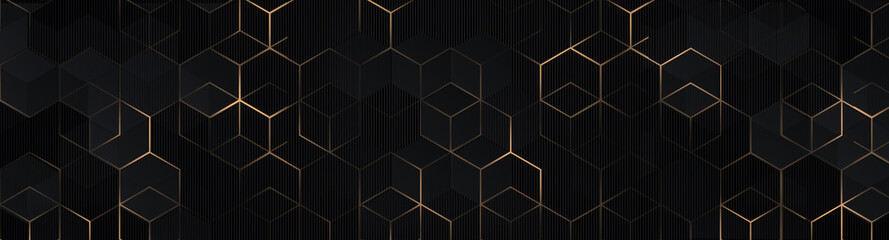 Luxury hexagonal abstract black metal background with golden light lines. Dark 3d geometric texture illustration. Bright grid pattern. Pure black horizontal banner wallpaper. Carbon elegant wedding BG - obrazy, fototapety, plakaty